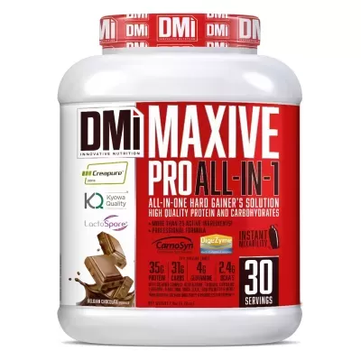 Suplemento alimentar DMi Maxive Pro All-In-1 sabor chocolate em pote branco e vermelho