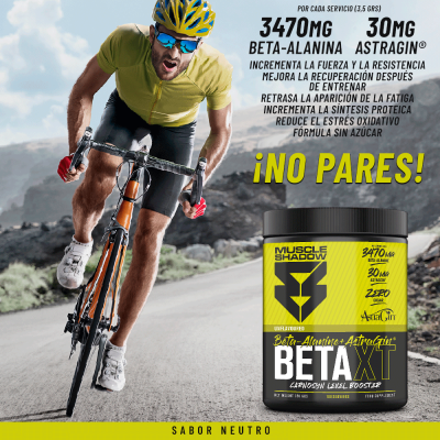 Suplemento alimentar BETA XT para desportistas com ciclista na estrada e embalagem preta e amarela