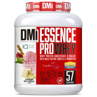 Embalagem de suplemento DMi ESSENCE PRO WHEY sabor morango com chocolate branco