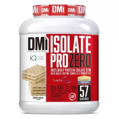 Pote de suplemento proteico em pó DMi Isolate Pro Zero sabor Vanilla Wafer