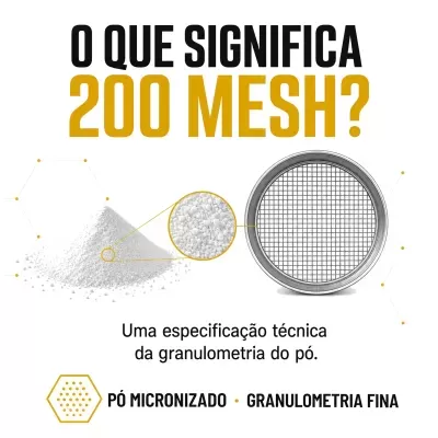 Imagem explicando o significado de 200 mesh com poeira branca e grelha metálica com malha fina.