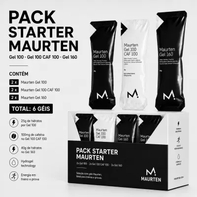 Pack Starter Maurten com 6 géis energéticos pretos e brancos para treino e prova