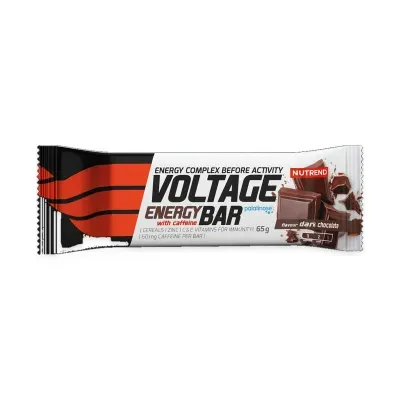 Barra energética Voltage Energy Bar sabor chocolate negro em embalagem branca, vermelha e preta.