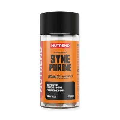 Frasco de suplemento alimentar Synephrine da Nutrend com rótulo laranja e cápsulas visíveis