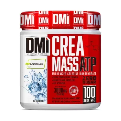 Frasco de suplemento DMi CREA MASS ATP com rótulo vermelho e branco.