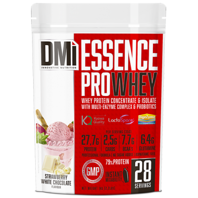 Embalagem de suplemento whey protein Essence Pro Whey sabor morango com chocolate branco DMI