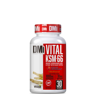 Frasco de suplemento alimentar DMi VITAL KSM-66 em fundo preto