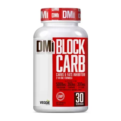 Frasco branco de suplemento BLOCK CARB com tampa vermelha da marca DMi