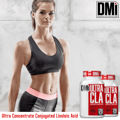Suplemento Ultra CLA DMi e mulher atlética em roupa desportiva