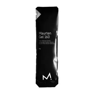 Embalagem preta de gel Maurten Gel 160 com texto branco e logotipo