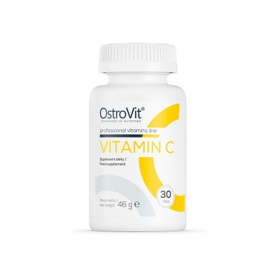 Frasco branco de suplemento Vitamin C da OstroVit com rótulo branco e amarelo