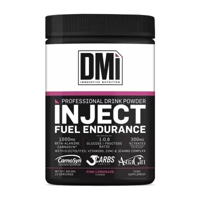 Embalagem preta e branca de suplemento em pó INJECT Fuel Endurance com texto e informações do produto.