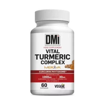 Frasco branco de suplemento alimentar Vital Turmeric Complex com rótulo branco e vermelho e tampa branca