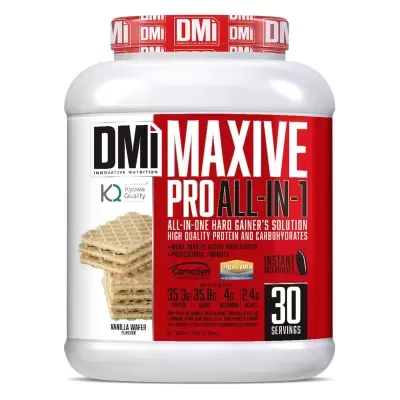 Suplemento nutricional DMi MAXIVE PRO ALL-IN-1 sabor Vanilla Wafer em embalagem branca e vermelha