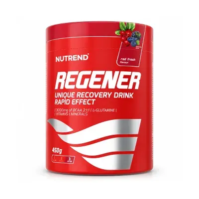 Recipiente vermelho de suplemento REGENER NUTREND com sabor red fresh e design branco