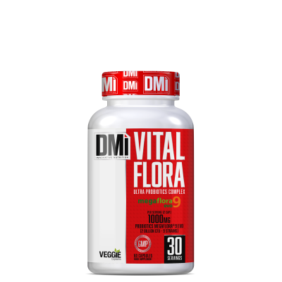 frasco branco de suplemento Vital Flora com rótulo vermelho e branco