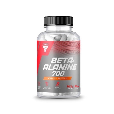 Frasco de suplemento Beta-Alanine 700 com cápsulas brancas