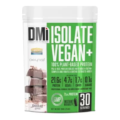 Pacote de suplemento proteico vegan com sabor chocolate da marca DMi, com informações nutricionais visíveis.