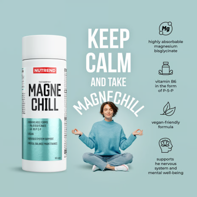 Suplemento alimentar MAGNECHILL NUTREND com mulher meditando, texto Keep Calm and Take Magnechill