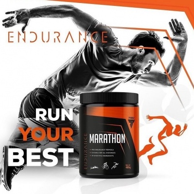 Embalagem de suplemento MARATHON com imagem de atleta a correr e texto motivacional