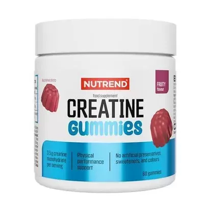 Frasco de suplemento creatina Nutrend Gummies com rótulo branco e azul e imagens de gomas vermelhas.