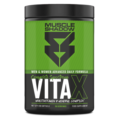 Frasco de suplemento alimentar Muscle Shadow VITAX preto e verde