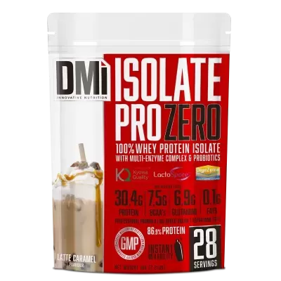 Embalagem de suplemento de proteína isolada de soro de leite sabor Latte Caramel com informações nutricionais em vermelho e branco.