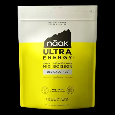 Saco amarelo e branco de suplemento näak Ultra Energy com texto preto e branco
