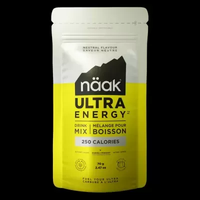 Embalagem amarela e branca näak Ultra Energy para bebida energética com 250 calorias.