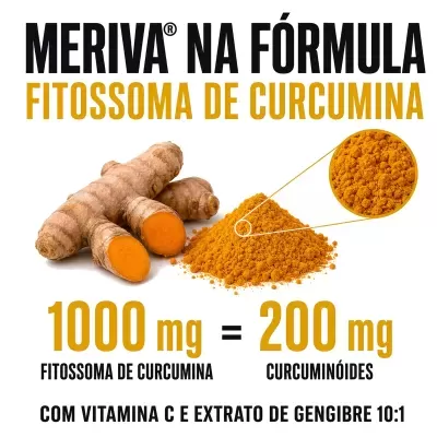 Rizomas de curcuma ao lado de um monte de pó amarelo dourado com texto promocional em português