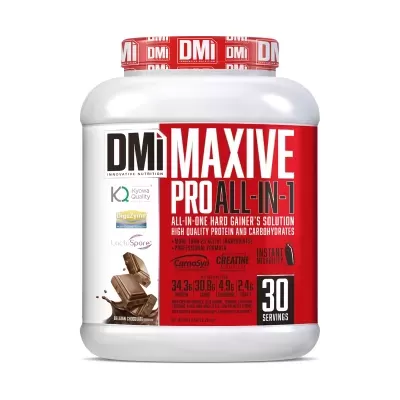 Embalagem branca de suplemento DMi Maxive Pro All-In-1 sabor chocolate