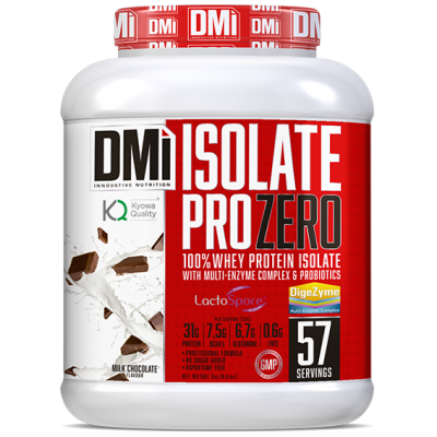 Frasco branco de suplemento whey protein Isolate Pro Zero com rótulo vermelho com texto e ícones coloridos