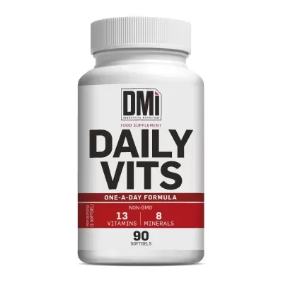 Suplemento alimentar Daily Vits em garrafa branca com rótulo vermelho e preto