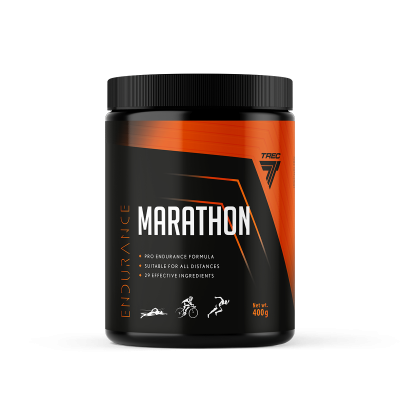 Embalagem preta e laranja de suplemento MARATHON para resistência
