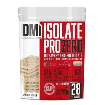 Embalagem de suplemento DM Isolate Pro Zero sabor Vanilla Wafer com texto de composição e doses