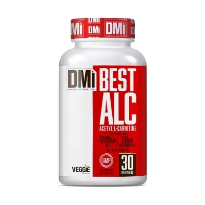 Frasco de suplemento alimentar BEST ALC Acetyl L-Carnitine da marca DMi com tampa vermelha e etiqueta branca e vermelha.