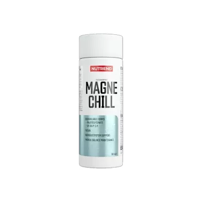 Frasco branco de suplemento alimentar MAGNE CHILL da NUTREND com rótulo azul metalizado.