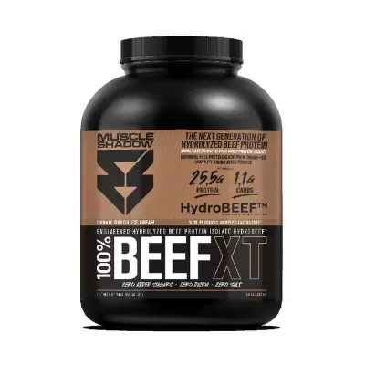 frasco preto de suplemento proteico Muscle Shadow 100% BEEFXT sabor Cookie Dough Ice Cream