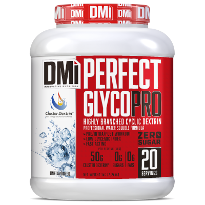 Frasco branco de suplemento DMi Perfect GlycoPro com rótulo vermelho e branco