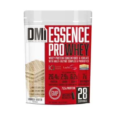 Embalagem de suplemento proteico DM Essence Pro Whey sabor Vanilla Wafer com informações nutricionais e 28 doses