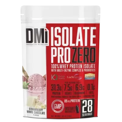 Embalagem de suplemento DMi Isolate Pro Zero sabor Strawberry White Chocolate