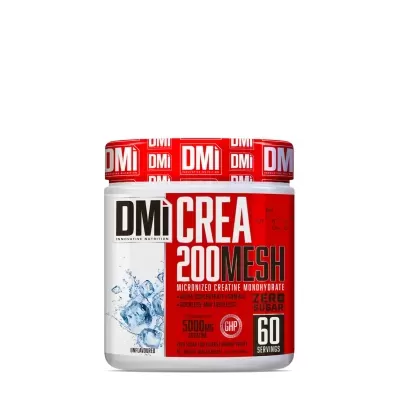 Frasco de suplemento alimentar DMì CREA 200 MESH com design em vermelho e branco e cubos de gelo