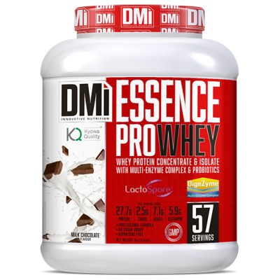Recipiente de suplemento proteico DMI Essence Pro Whey sabor chocolate leite.