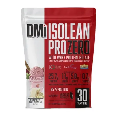 Embalagem vermelho e branco do suplemento ISOLLEAN PRO ZERO com whey protein sabor morango chocolate branco.