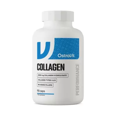 Frasco branco de suplemento collagen OstroVit com embalagem azul e branca