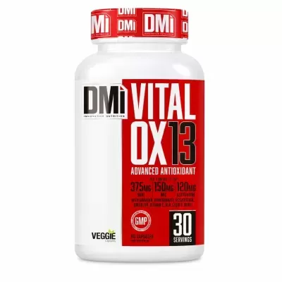 Frasco branco de suplemento alimentar DMi VITAL OX 13 com rótulo vermelho e branco.