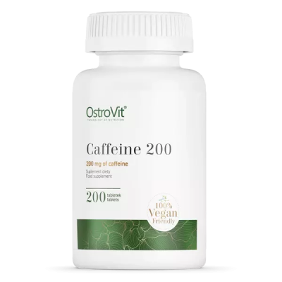 Frasco branco de suplemento com rótulo verde e branco, contendo texto sobre cafeína 200 e vegan friendly