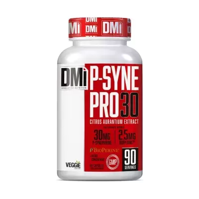 Frasco de suplemento alimentar branco com rótulo vermelho e tampa vermelha DMi P-SYNE PRO30.