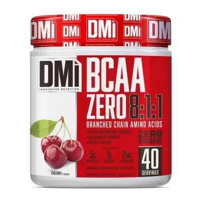 Embalagem de suplemento DMi BCAA ZERO 8:1:1 sabor cereja com texto informativo e imagem de cerejas.