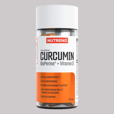 Frasco de suplemento CURCUMIN BioPerine + Vitamin D da Nutrend com cápsulas laranja